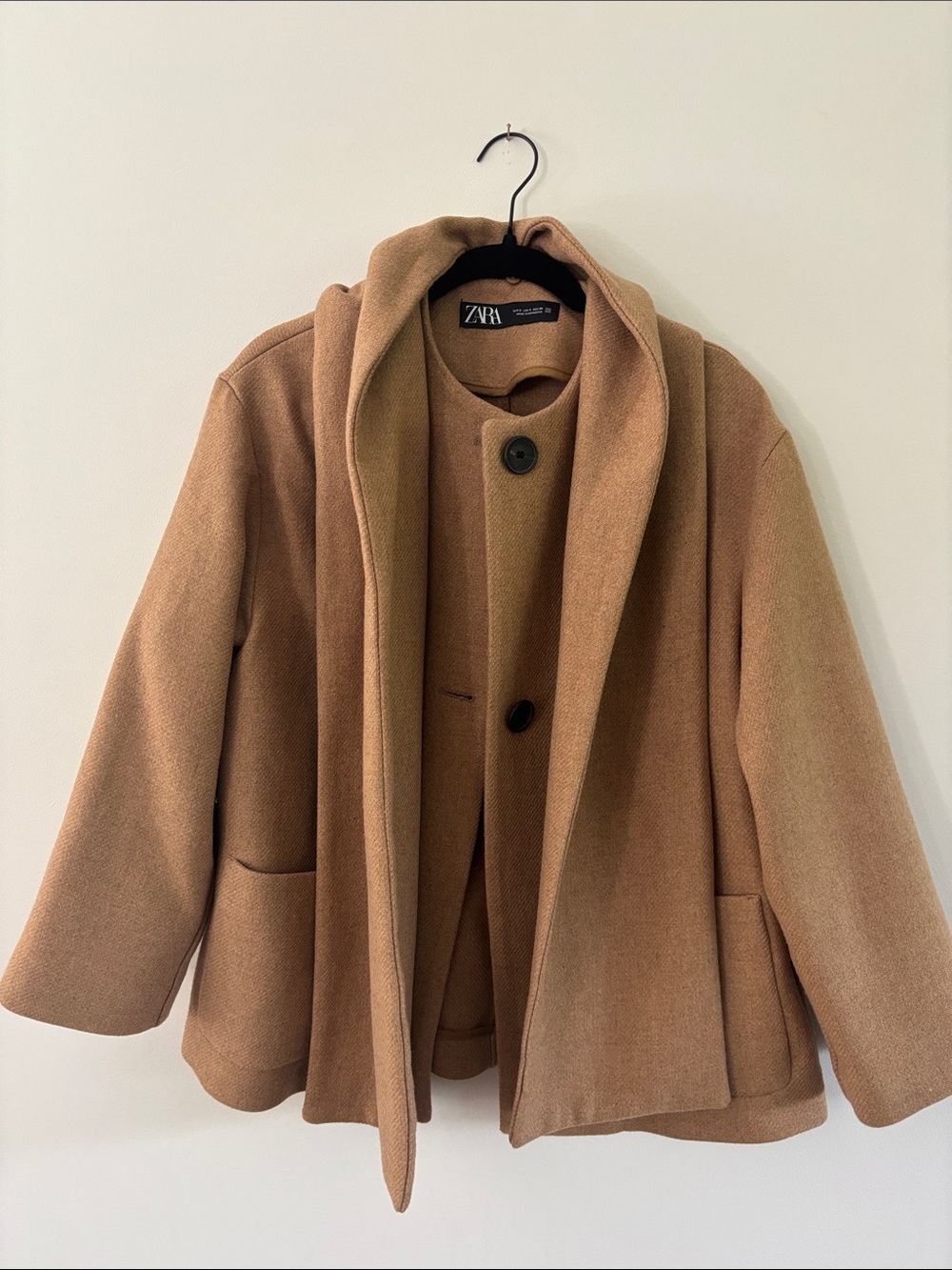 Zara Short Wool-Blend Pea Coat in Camel Brown with removable scarf